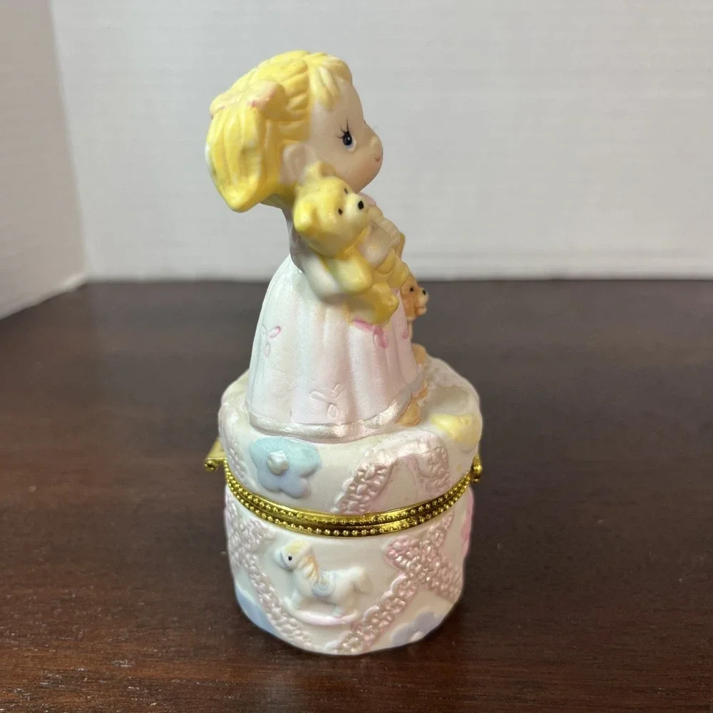 Vtg‎ Porcelain Hinged Trinket Box Girl & Teddy Bear Jewelry Holder Tooth Fairy